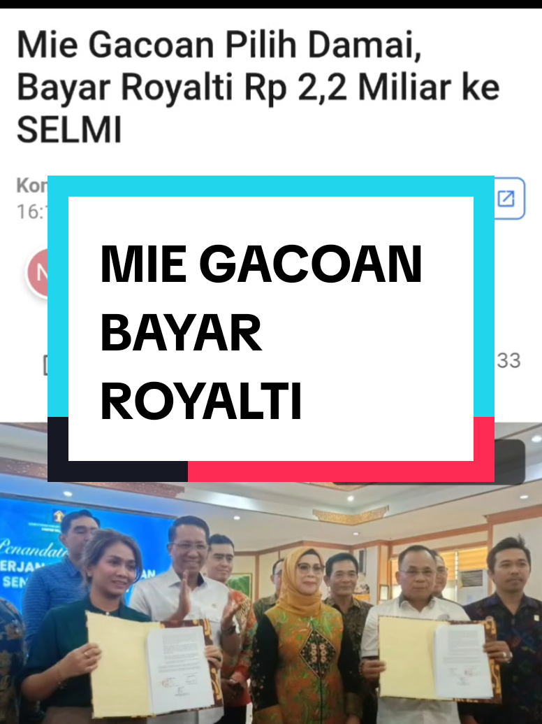 DENPASAR, KOMPAS.com – Permasalahan hukum antara PT Mitra Bali Sukses (Mie Gacoan) dan Lembaga Manajemen Kolektif (LMK) Sentra Lisensi Musik Indonesia (SELMI) berujung damai. Direktur PT Mitra Bali Sukses (Mie Gacoan), I Gusti Ayu Sasih Ira, dan Sekjen SELMI, Ramsudin Manullang telah menandatangani surat perjanjian perdamaian atas sengketa hak cipta di Kanwil Kementerian Hukum Bali, Jumat (8/8/2025). Pihak Mie Gacoan bersedia membayar royalti sebanyak Rp 2,2 miliar untuk penggunaan musik atau lagu selama periode tahun 2022 sampai Desember 2025. 