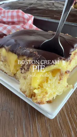 This Boston Cream Pie Poke Cake is fluffy cake, creamy vanilla pudding, and rich chocolate glaze… all in one easy dessert 🍰🍫✨ 📌 Perfect for potlucks, holidays, or when you just want something impressive without a ton of work. 🖨️ Get the more organized + printable recipe on Fantabulosity.com 💛 Ingredients ▢4 ½ cups 2% milk divided ▢2 3.4-ounce boxes French vanilla instant pudding ▢½ cup butter ▢15.25 ounce box yellow cake mix ▢3 large eggs ▢1 ½ cups 12 ounces semi-sweet chocolate chips ▢1 cup heavy whipping cream ▢2 tablespoons light corn syrup optional Instructions   Preheat oven to 350°F. Spray a 9×13 baking dish or pan with cooking spray. Set it aside. Whisk 3 ½ cups of milk and the vanilla instant pudding together in a medium bowl for 2 minutes or until it starts to thicken. Let it rest for 4 minutes, then cover it with plastic wrap and chill while you make the cake. Milk and pudding mix in mixing bowl, ready to be mixed.  Combine the remaining 1 cup of milk and butter in a large microwave-safe bowl or measuring cup, and heat in the microwave in 1-minute intervals until the butter is completely melted and the milk is steaming. Milk and butter in measuring cup for heating.  In a large mixing bowl, add the cake mix, eggs, and milk mixture. Use an electric mixer to mix the batter together until just combined. Cake mix, eggs, added to milk and butter in mixing bowl.  Pour the batter into the prepared baking dish or pan, and bake for 25 minutes or until the cake is slightly brown on top and a toothpick poked in the middle of the cake comes out clean. Rest the cake on a cooling rack at room temperature until completely cool. Baked Boston Cream Poke Cake in baking pan.  Once the cake is cool, pour the heavy whipping cream into a small, microwave-safe bowl, and heat in 1-minute intervals until steaming. Add the chocolate chips and corn syrup and let them stand for 3 minutes. Stir the mixture until the chocolate chips have melted and the ganache is smooth. Heavy cream and chocolate chips in mixing bowl to make ganache.  Assembly: Use the end of a wooden spoon or a thick skewer to poke holes in the cake about 1 inch apart. Spoon the set vanilla pudding over the cake, and spread it out evenly, ensuring that the pudding fills the holes. Baked cake with holes poked in the top.  Pour the ganache over the cake, and smooth it out. Cover the cake with plastic wrap and chill in the fridge for at least 3 hours or until the ganache has set. Serve chilled. #bostoncre#bostoncreampie #pokecakeo#fantabulositye#easydessertss#cakeideasi#viralrecipesd#southerndessertso#desserttoke#potluckrecipesnmeals 