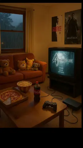 Soft Storms 🌧️🕹️ Cozy rainy-night vibes in the man cave: PS2 Resident Evil 4 on the CRT, plush squad on the couch, and snacks at the ready. Who’s joining me? 🍕🍿🐻 #RainyDayGaming #RetroGaming #ResidentEvil4 #PS2 #CozyVibes #ASMR #SoftStorms #fyp #foryoupage #foryourpage #fypシ #fypシ゚viral #asmr #rainasmr #rain  #cozy 