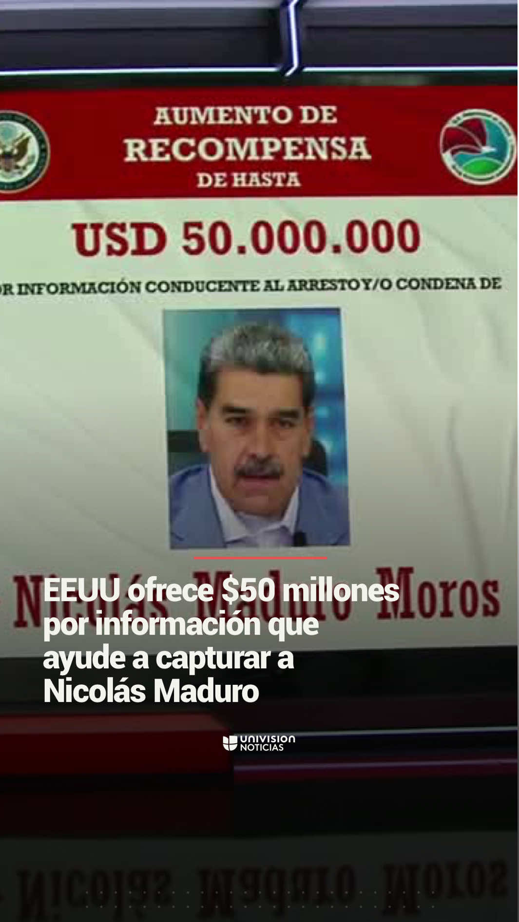 🇺🇸 🇻🇪 EEUU ofrece $50 millones por información que ayude a capturar a Nicolás Maduro. Estados Unidos duplicó a 50 millones de dólares la recompensa que ofrece por información que permita arrestar al gobernante venezolano Nicolás Maduro. La fiscal General, Pam Bondi, lo acusa de colaborar con grupos criminales como el Tren de Aragua y el Cártel de Sinaloa. Informa Elián Zidán. 📺 Más del Noticiero Univision a las 6:30pm/5:30C y Edición Nocturna a las 11:30pm/10:30C. #NicolásMaduro #política #Venezuela #EEUU #recompensa     