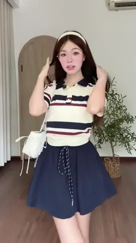 Set Đồ Thể Thao Áo polo kẻ trend + chân váy dáng xoè #fyp #outfit #xh #xuhuongtiktok #thoitrangnu #setboxinh 