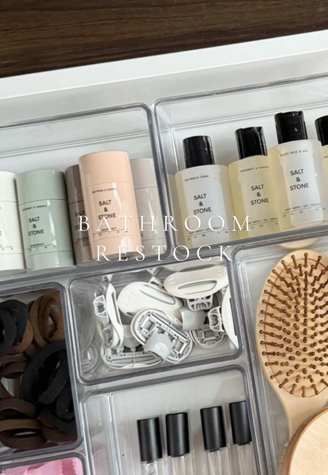 Restocked and feeling 10x more put together 🤍 these @SALT & STONE minis are a body care essential and are guaranteed to make you smell amazing ✨ #saltandstonepartner #restockasmr #asmr #refresh #restock #bodycare #organizedhome #organization #bathroomrestock #satisfying 