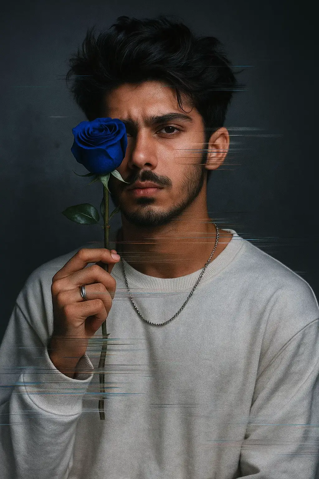 1-A surreal, ultra-detailed portrait of a young man with messy, tousled black hair and a short beard, holding a vibrant blue rose close to his face. He is wearing a plain oversized white sweatshirt and a thin silver chain necklace. His fingers are adorned with rings. The background is minimalistic and shadowy, emphasizing his presence. The portrait is styled with a digital glitch effect—parts of his face and body are fragmented into horizontal pixel streaks in 2-A black-and-white aesthetic portrait of a stylish young man sitting on the floor in dramatic lighting. He is wearing an oversized dark coat, with messy, voluminous hair partially covering his face. His pose is emotional and introspective, with one hand near his mouth and his head slightly turned to the side. Shadows from a window fall across the wall behind him, creating a moody and artistic atmosphere. The overall vibe is mysterious, emotional, and cinematic. 3-A black and white, moody, medium close-up shot of a young man with a somber, contemplative expression, standing in profile with his head bowed and eyes cast downwards. His dishevelled hair blows slightly to the viewer's right. He wears a dark jacket or shirt. The background is a desolate, grey, field-like landscape with hints of distant trees, under a heavily overcast sky filled with dark, ominous clouds. The dim, diffused lighting enhances the overall melancholic atmosphere of introspection 4-Nighttime full-body shot of a young man leaning on a flyover railing. Wearing distressed denim jacket (sleeves rolled), white hoodie, khaki cargo pants, Converse sneakers, sports watch. Slightly tousled curly hair, head down, hands in pockets. Cityscape with Ferris wheel, skyscrapers blurred in bokeh, reflections on water. Natural street lighting, cinematic color grade, sharp focus, 8K detail. 5-Create a hyper-realistic 8K HD black-and-white editorial portrait of a masculine young man using the uploaded face reference, replicating with absolute precision every real facial feature — including bone structure, jawline, beard texture, lips, nose, eyebrows, eye contour, and hairstyle. The hair must match the reference: curly-wavy undercut, slightly tousled with a matte, dry texture,  6-create a hyper-realistic close -up portrait of a stylish confident man inspired by my own sharp beam. the setting is moody and editorial with sharp beams of amber and icy blue light cutting across his tec..enhancing the cean jawline light beard stubble and an bold, focused eye. Wearing a black suit. Don’t change the details of my face. 7-young man in his mid-20s wearing matte black sunglasses and a light beige overcoat over a plain black shirt. He faces slightly away from the camera with a confident expression. His voluminous hair is neatly styled, and his trimmed beard adds sharpness to his look. The background is dark grey with soft lighting that highlights his facial structure and outfit texture in ultra-detailed 4K clarity. 8-A dark and intense portrait of a man with half of his face transformed into a demonic skull. The human half has a rugged, serious expression with glowing red eyes. The demonic side is cracked and charred, with glowing red lava-like veins running through the skull and neck, emitting a fiery red glow. His hair is messy and dark, with red highlights from the glowing cracks. The background is pitch black, enhancing the contrast between the dark shadows and the red illumination. 9-A confident young man walking down a dark urban alley at night, wearing a fitted black t-shirt, black jeans, and sneakers, carrying a black jacket over his shoulder. Behind him on the brick wall, the giant letters “DOM” are blazing in bright, realistic flames, casting dramatic orange reflections on the wet pavement. Sparks and embers drift in the air, creating a cinematic, intense atmosphere. High detail and moody lighting. #creatorsearchinsights #chatgpt #aigenerated #prompt #fyp #foryou 