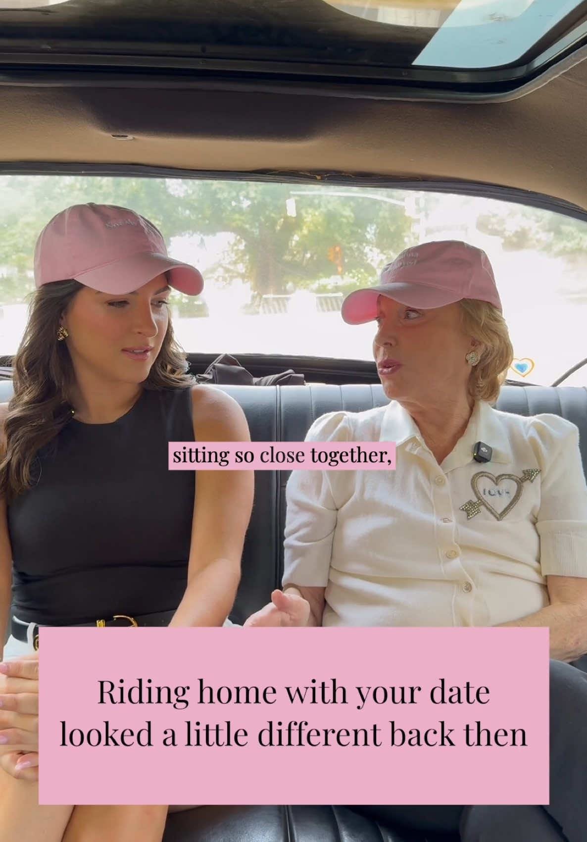 The car ride home from a date in the 50s vs now 🚖💕🧢#emgmerch #retrocab #baseballcaps #pink #excusemygrandma #notmytype #grandmaapproved #hats #merch 