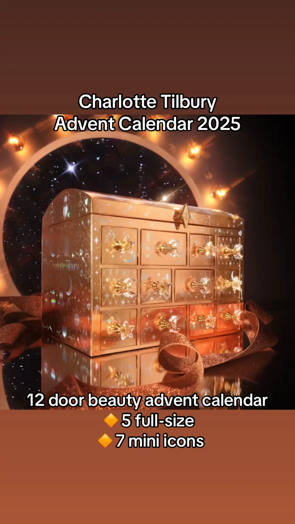 Charlotte Tilbury Beauty Treasure Chest 2025 will be available for purchase starting September 9th. It features 12 doors, including 5 full-size products and 7 miniatures. The price is £175.