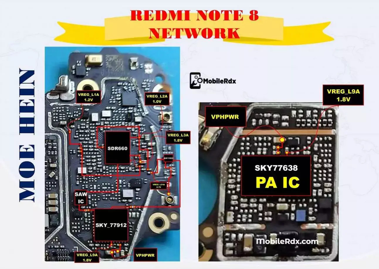 RF ကနေ WTR / WTR ကနေ SDR / SDR ကနေ IF IC ဆိုပြီး အဆင့်ဆင့်  ကူးပြောင်းလာချိန်မှာ - - - - - ။ IF IC ပိုင်းက အစမ်းကာလအနေနဲ့ ထွက်လာပြီး SDR ကိုသာ အများဆုံး အသုံးပြုနေတာကြောင့်  SDR နဲ့ ပက်သက်ပြီး သတိထားစရာ လေးရျှိတယျ။ SDR နားက C (4)လုံးမှာ  1.0/1.2/1.8/1.8V တွေ ရောက်နေရမယ်။ အကယ်၍ Volt တစ်ခုခု ပျောက်နေပြီး No Service /Base Band Unknow  ဖြစ်နေခဲ့လျှင် Wifi ပွင့်သေးလား အရင်စစ်ပါ။ Wifi ပွင့်သေးရင်တော့ PM(1)/ SDR လဲရင်အဆင်ပြေတာများတယ်။ Wifi မပွင့်ရင်တော့ Wifi IC ကိုအရင်လဲပါ။ မရသေးရင်  PM(1)/ SDR/CPU ထိပါ  ဆက်ကိုင်ရတဲ့အခါလဲရှိတက်တယ်။  လက်စနိုင်လို့ Power မသေသော်လည်း  Wifi ကို  မစစ်မိရင် အများကြီးကိုင်ပေမဲ့  အနာနဲ့ဆေးလွဲပြီး ဆက်စဥ်းစားမရဖြစ်တက်တယ်။ SDR Volt ပျောက်ခြင်းနဲ့ Wifi ကိုင်ရခြင်း ဆပ်စပ်မှုကတော့ PM(1) ကနေ VREG လမ် မ Done တာတွေ ဖြစ်တက်ပါတယ်။းကြော တစ်ခုထဲနဲ့ ချိတ်ဆက်ထားလို့ Wifi ရမရ ထည့်မစစ်ပဲ ကျန်တာတွေ လိုက်ကိုင်ရင်  SDR/PM(1)/CPU အထိ လိုက်သော်လည်း