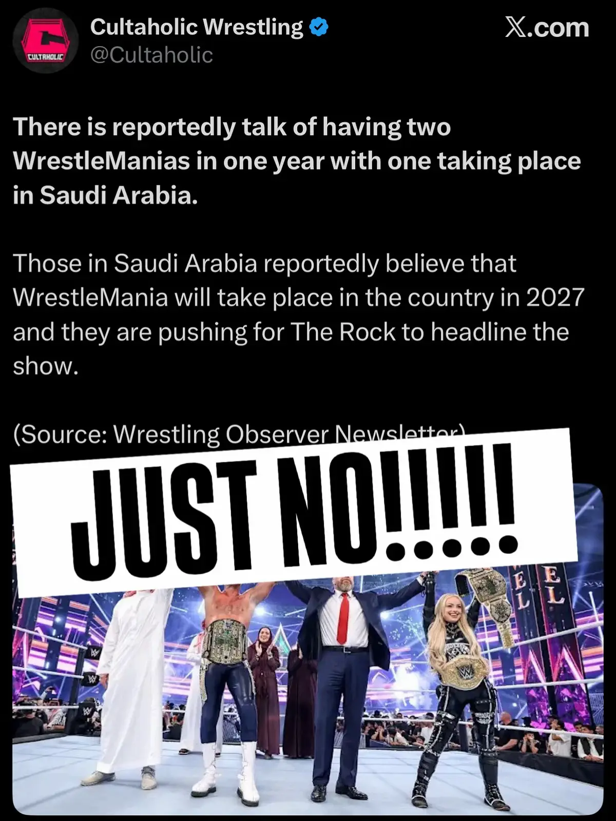 JUST NO! I just can’t believe it! Why would they add a second WrestleMania to the calendar? It’s meant to be that special, once-a-year event like the Super Bowl. It’s the one thing I look forward to every year for the past 30 years. Adding a second WrestleMania just so they can hold it in Saudi Arabia is pointless and feels like another cash grab from WWE. 🙄 #WWE #WrestleMania 