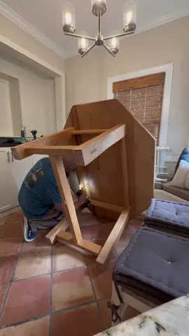 The customer was like “yo! Can you hook it up and make this ridiculously large table top fit the space better? I was thinking 36” round” and I was like say less… watch me work” #DRMadeIt #f#furnitureflipu#upcycledfurnitured#diyprojectb#beforeandafterwoodworking