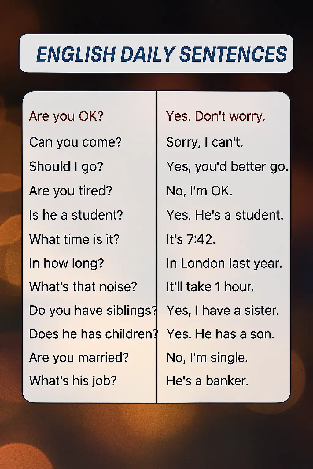 Master your everyday English with these simple question-and-answer examples! Perfect for daily conversation practice and boosting your fluency. Great for beginners and anyone wanting to speak English naturally. Hashtags: #LearnEnglish #EnglishDailySentences #SpeakEnglish #EnglishPractice #DailyEnglish #SpokenEnglish #LanguageLearning #EnglishForBeginners #EnglishTips #ImproveYourEnglish