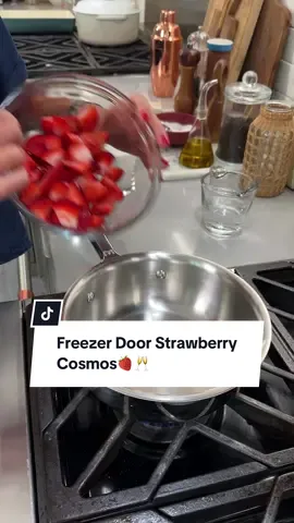 POV: It's five o'clock on a Friday, and you have a frosty Strawberry Cosmo waiting for you in the freezer! 🍓❄️ Nicole is back again with a cocktail recipe that is bound to impress. 🍸 Click the link in the @allrecipes bio or continue reading to get the recipe!  Ingredients: 8 ounces strawberries, roughly chopped 1 cup white sugar 1 cup water, divided 1 (1 liter) bottle vodka 3/4 cup orange liqueur, such as Cointreau® 1/2 cup fresh lime juice sliced limes, for garnish Directions: Combine strawberries, sugar and 3/4 cup water in a small saucepan over medium-high heat. Bring to a boil, stirring occasionally. Reduce heat to a simmer and cook until mixture has thickened slightly and reduced a little, about 10 minutes. Strain strawberry mixture into a jar and discard solids. Let cool completely and refrigerate until ready to use.   Pour 1 3/4 cups vodka from bottle and reserve for another use. To the remaining vodka, add 1/2 cup cooled strawberry simple syrup, orange liqueur, lime juice, and remaining 1/4 cup water.  Seal the bottle and tilt it gently to mix the ingredients.   Place bottle in freezer for at least 6 hours or until ready to serve.  Lightly shake bottle before serving in a martini glass and garnish individual cosmos with a slice of lime if desired. 🧑‍🍳: Nicole #strawberries #strawberry #cosmo #cosmopolitan #drinks 