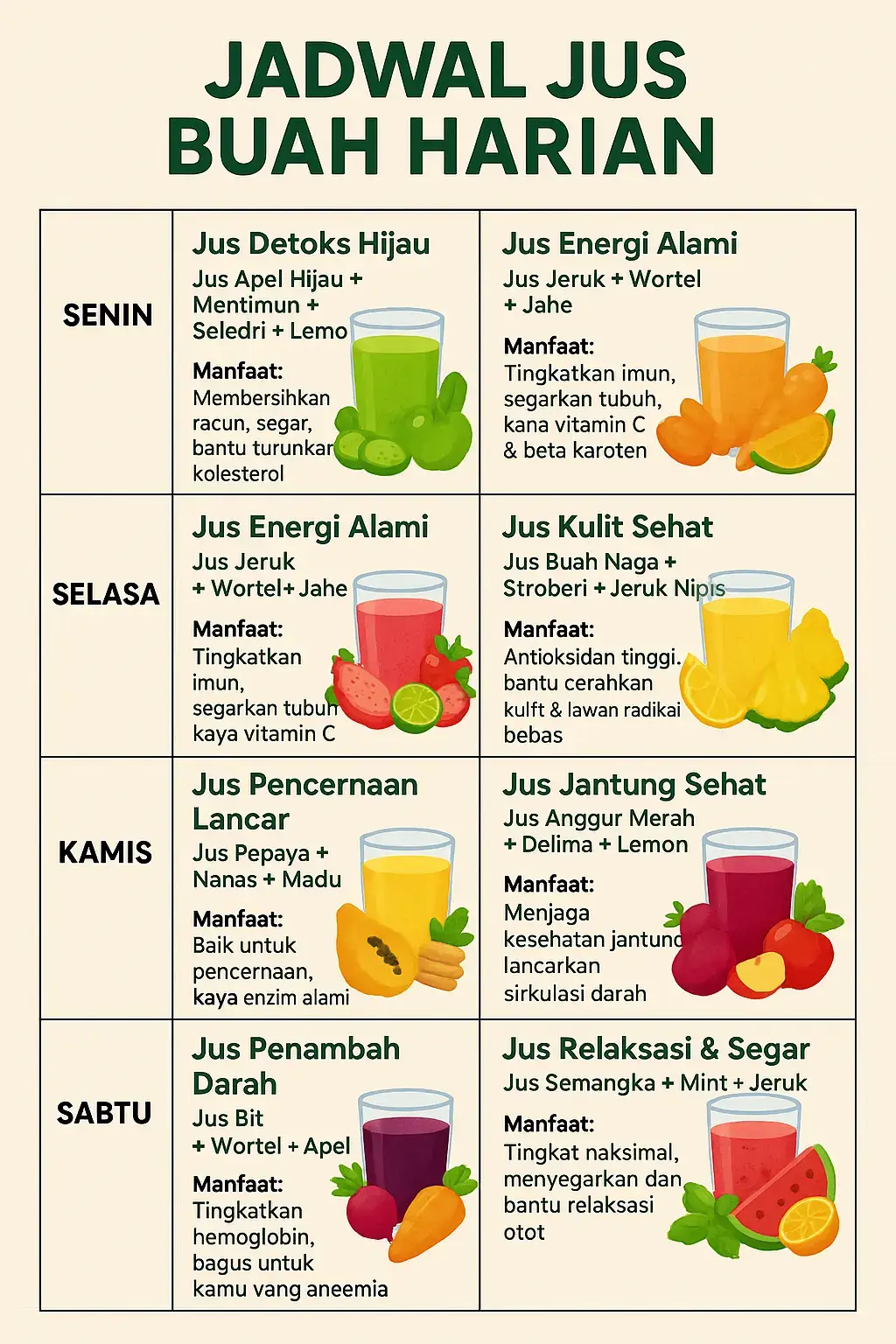 .Gunakan buah segar tanpa tambahan gula  .Minum jus segera setelah di buat untuk menjaga nutrisinya .Variasikan setiap minggu agar tidak bosan  