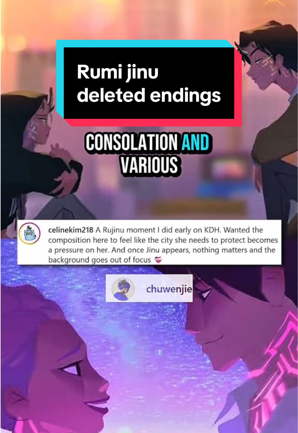 This small difference changes the intention behind how rumi and jinu’s story could’ve ended they don’t want him to simply fade but give his soul to rumi. The markings on Rumi’s sword show us that he left a mark on her and perhaps more to a possible comeback (Jinu alive theories). We also have Jinu giving rumi her hat to remember him by and early concept art of Jinu. Let’s analyze these deleted scenes / concept art #jinurumi #rujinu #kpop #kpopdemonhunters #sajaboys #jinukpopdemonhunters #jinusaja #foryou #analysis #media #kpdh @Sony Pictures Animation @Netflix @Netflix Geeked @Golden 