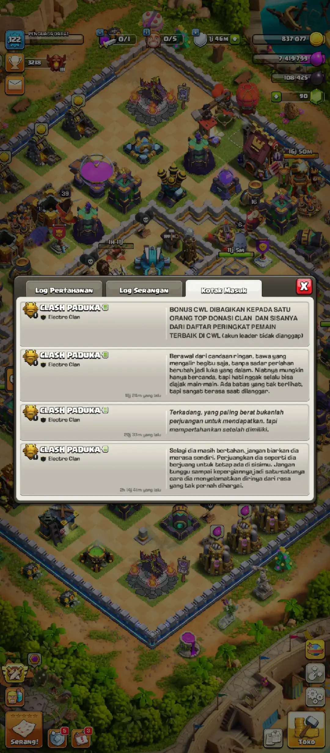 Di tengah suasana desa yang tenang, pesan dari Electro Clan terpampang jelas di kotak masuk. Isinya bukan sekadar pengumuman bonus CWL, tetapi juga rangkaian kata yang membawa makna mendalam. Ada pesan tentang canda yang perlahan berubah menjadi luka, batas yang tak terlihat namun terasa saat dilanggar. Ada pula pengingat bahwa perjuangan sesungguhnya bukan hanya meraih sesuatu, melainkan mempertahankannya. Di antara itu semua, terselip pesan bijak untuk membiarkan seseorang berjuang sendiri jika ia memilih bertahan, karena pada akhirnya setiap hati punya caranya sendiri untuk menilai dan memahami siapa yang benar-benar pantas dijaga. #clashofclans #katakatamotivasi #electroclan 