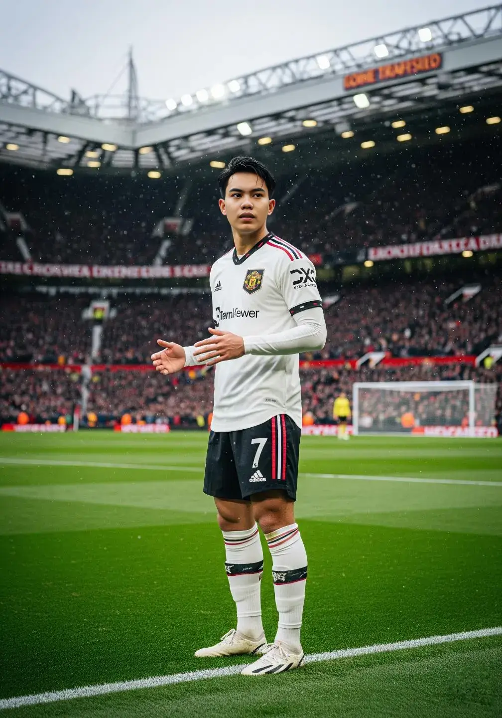 yang mau fotonya diedit kan seperti ini bisa DM ya harga sangat murah meriah 😊 #ai #prompt #gemini #chatgpt #manchesterunited  . Prompt : #Seorang pria pemain sepak bola asal indonesia, berambut hitam dan rapi, usia sekitar 25-tahun, berkulit putih, berdiri di lapangan sepak bola stadion Old Trafford. la mengenakan seragam tim sepak Manchester United Tandang musim 2022 2023 berwarna Putih. la tampak berdiri dengan pose percaya diri dan tangannya agak ke atas. Ekspresi wajahnya serius dan terkonsentrasi. Tubuhnya atletis layaknya atlet sepak bola. Di sekitarnya terdapat banyak penonton yang mengenakan berbagai warna pakaian. Lapangan hijau, berlatar belakang stadion yang ramai, tampak mendung dan turun salju tipis. Pencahayaan redup, memberikan kesan suasana sore atau malam hari. Komposisi gambar menekankan pemain dan latar belakang stadion. Ada nomor 