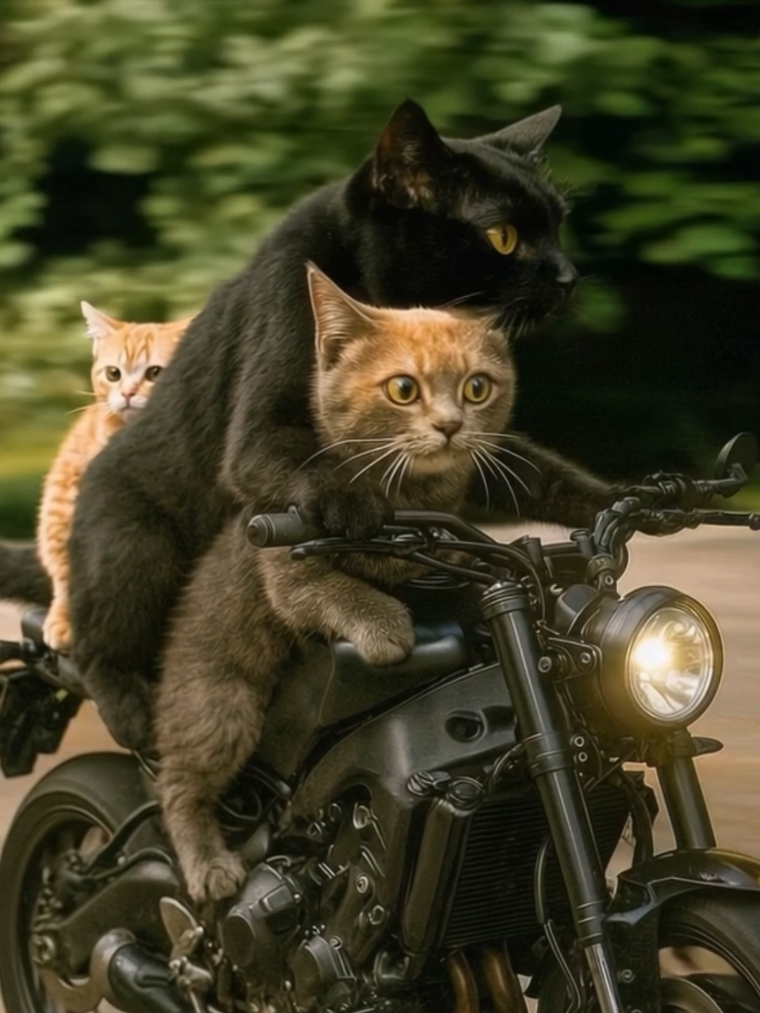 Triple threat on two wheels. 🐾🏍️💨 #TripleThreat #CatMotorcycle #FastAndFurryous #PurrfectRide