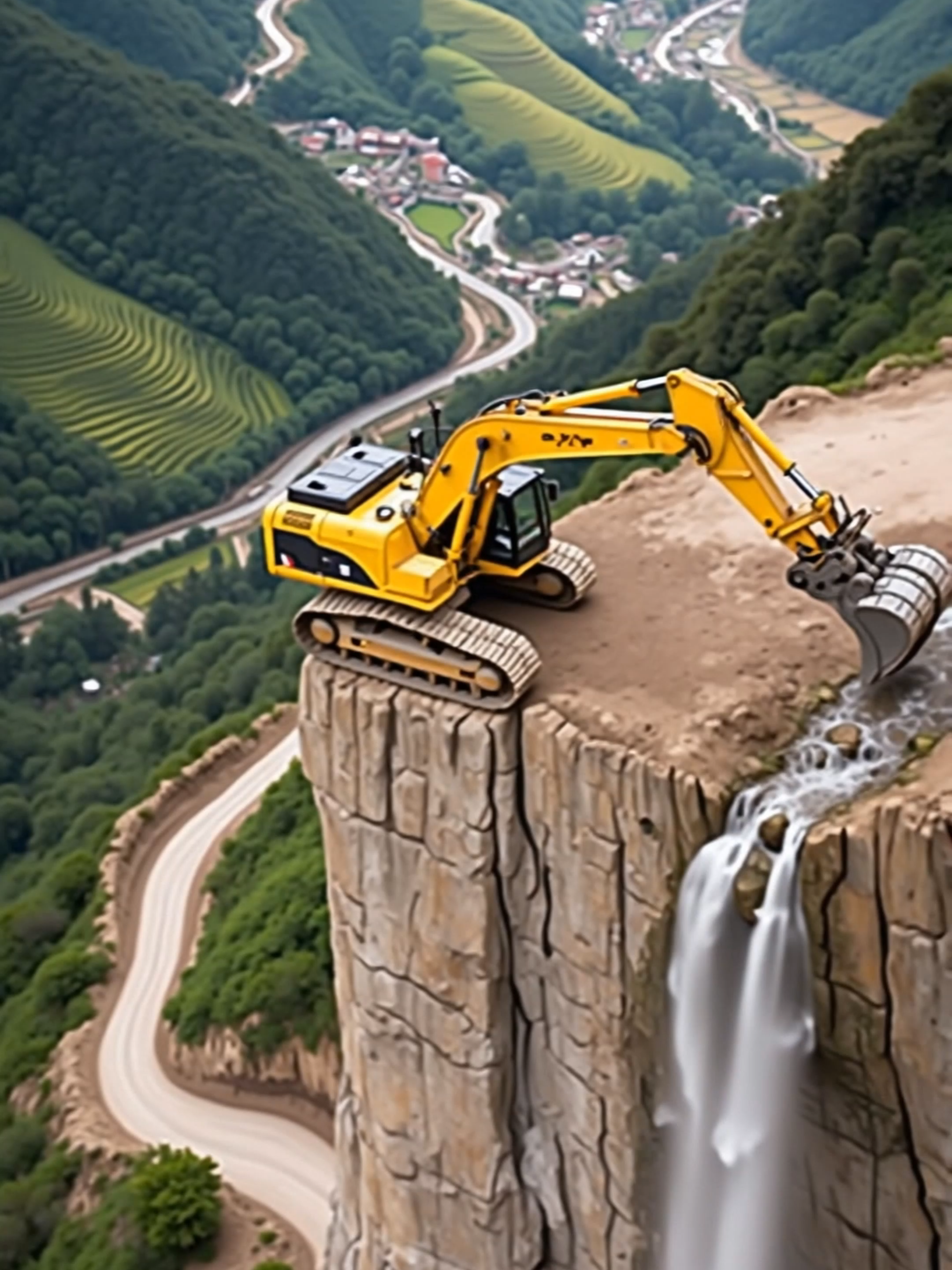震撼画面！黄色挖掘机在陡峭悬崖上的精准操作！#Mechanical #beauty #Engineering #marvel #Safe #operation