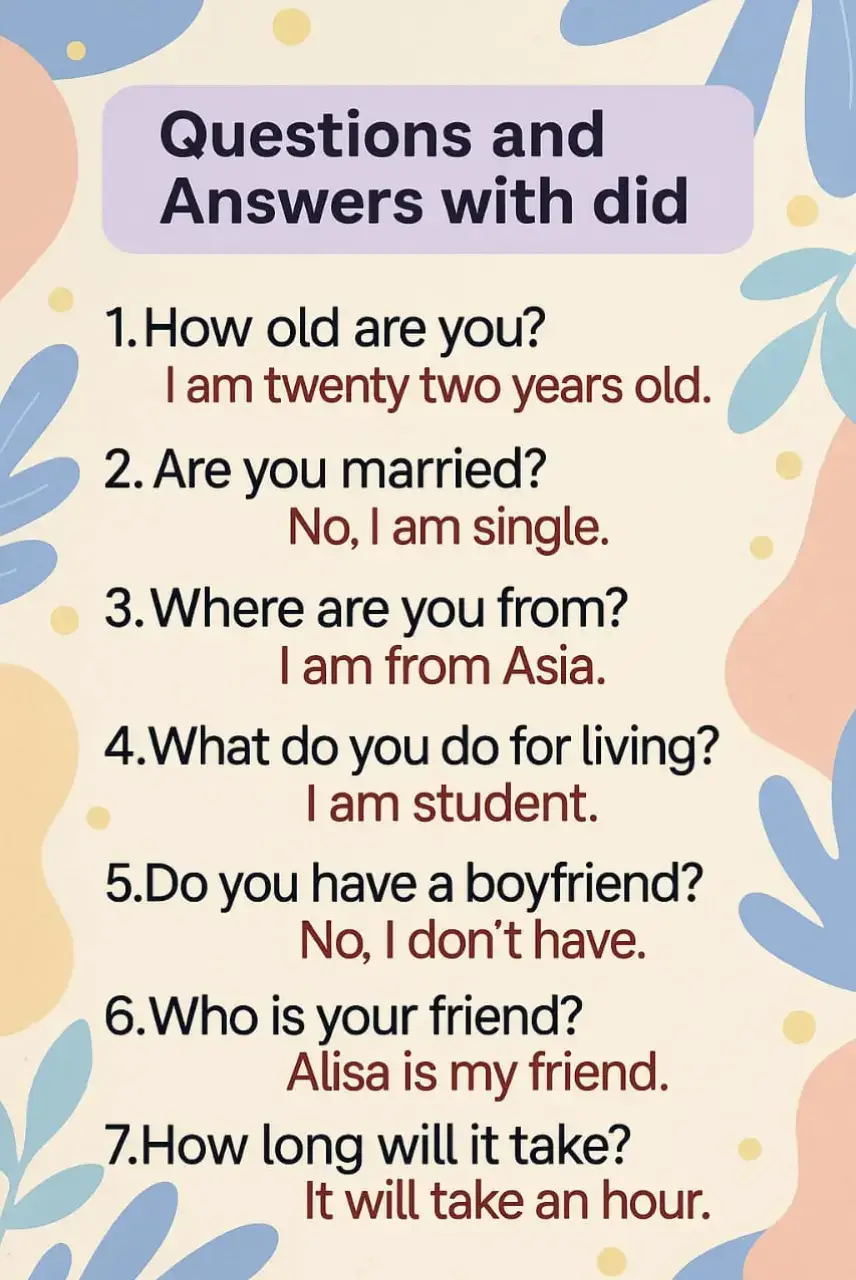 Learn and practice everyday English questions and answers easily! This simple guide helps beginners improve speaking skills with common phrases for daily conversation. Perfect for students and English learners worldwide. Hashtags: #EnglishLearning #SpokenEnglish #LearnEnglish #EnglishPractice #DailyEnglish #EnglishConversation #StudyEnglish #EnglishTips #LanguageLearning #EnglishForBeginners #PracticeEnglish #EnglishSentences #FluentEnglish #BasicEnglish