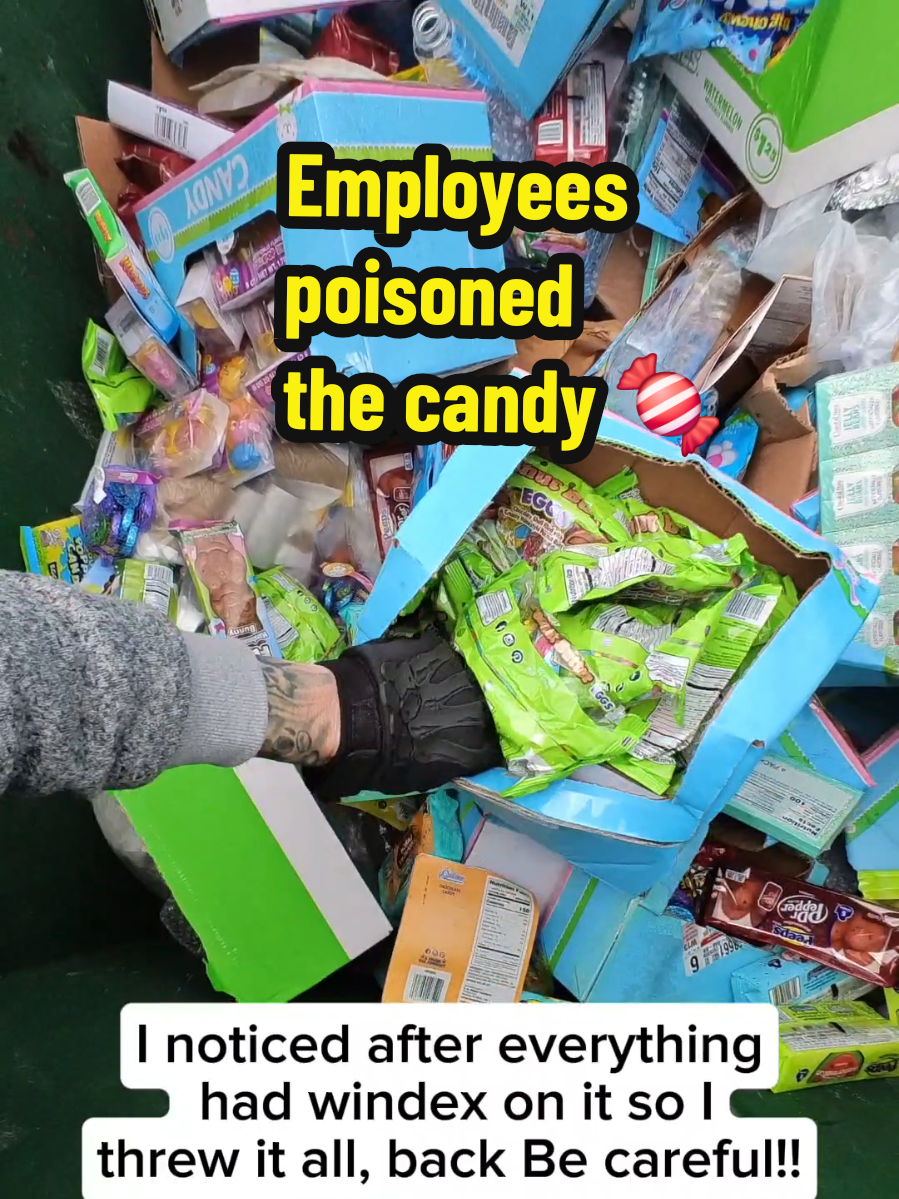Poison candy! This store poured chemicals and windex all over the candy. Thankfully I noticed all the empty chemical bottles and threw everything back in the dumpster!! I thought the candy was wet because it was raining at first. You must be careful!! #dumpsterdiving #candy #sad #fyp 