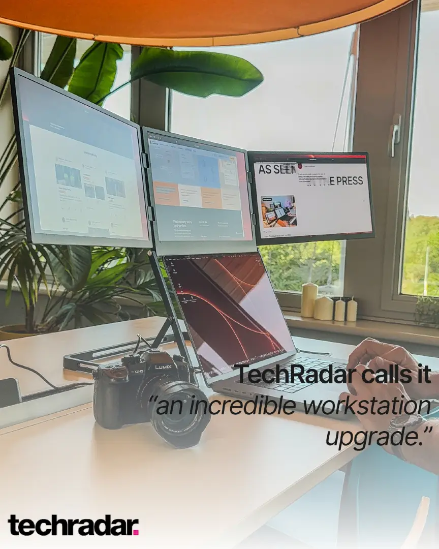 Triple the screens, triple the power — as seen in TechRadar. 🚀 #tripleaero #workstationupgrade #auradisplays https://eu.aura-displays.com/blogs/press