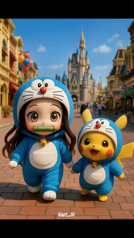 Cute Nezuko and Pikachu in Doraemon costumes. #pikachu #nezuko #cute 