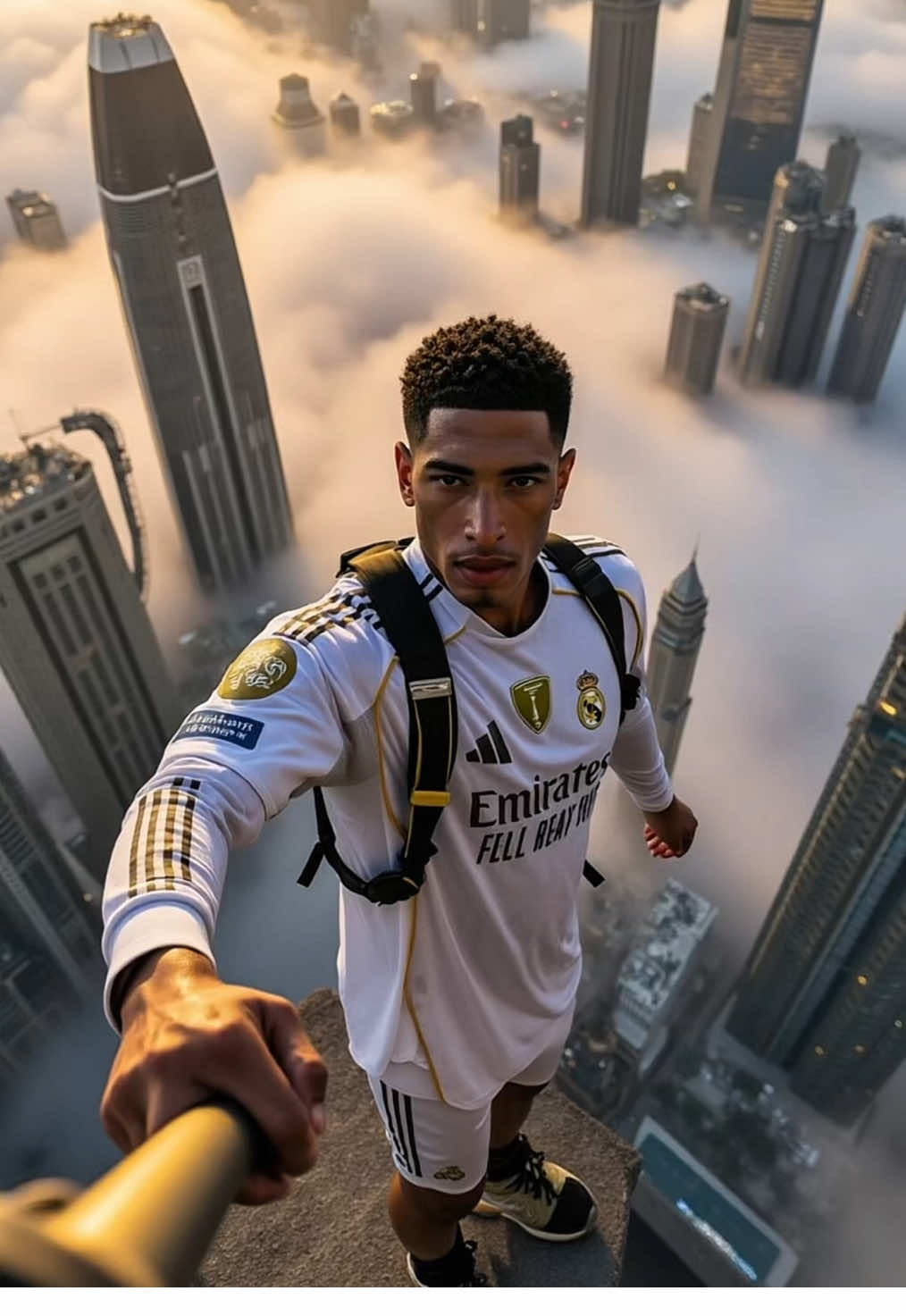 Bellingham climbs skyscraper 😱  Mbappe, Valverde and Trent also did 😅 #RealMadrid #RM #AI #AIVideo 