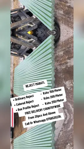 REJECT MABATI. » Ordinary Reject          -  Kshs 150/Meter  » Colored Reject           -  Kshs 200/Meter  » Box Profile Reject     -  Kshs 250/Meter       FREE DELIVERY COUNTRYWIDE  From 20pcs And Above . Call Or Whatsapp 0756525239. #mabati #ujenzi #construct #construction #constructionlife #constructionworker #constructionsite #kenya #kenyantiktok🇰🇪 #kenyantiktok #fundi #buildingmaterials #jenga 