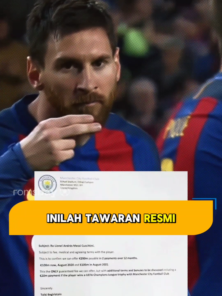 💥 Bayangkan… Manchester City sudah siapkan dua ratus juta euro untuk Messi, plus bonus dua puluh juta euro kalau juara Liga Champions. 💰 Barcelona bisa dapat tambahan tiga ratus lima puluh juta euro dan lolos dari krisis… tapi mereka menolaknya. 📉 Setahun kemudian? Messi pergi ke PSG gratis. 🤯 Kesalahan terbesar dalam sejarah sepakbola? #football #footballtrivia #footballfacts #footballtiktok #footballnews #romsbay 
