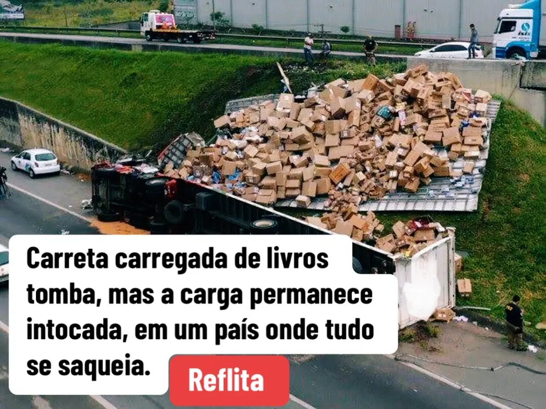 Uma carreta carregada de livros tomba e ninguém se aproxima. Em qualquer outro caso, a cena atrairia uma multidão — não pela tragédia, mas pela oportunidade de levar algo sem pagar. Mas quando se trata de livros, o silêncio reina. Não é respeito, é desinteresse. Essa imagem escancara uma ferida antiga: não é que falte acesso à cultura, é que falta a valorização dela. Em um país onde o saque é comum diante de qualquer carga, menos a que carrega conhecimento, percebemos o quão distante estamos de compreender o verdadeiro valor da educação. Enquanto celulares, alimentos ou eletrodomésticos despertam correria, livros tombados não movem ninguém. Isso não é civilidade, é o reflexo de um sistema que nunca incentivou o pensamento, apenas o consumo. E assim seguimos: saqueando tudo, menos o que poderia, de fato, mudar o país. #y #motivacao #reflexao #fyp #videoviral 