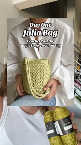 DAY ONE | Casting on the Julia Bag by Mochi Knits.  Today I cast on using Isager Yarn’s Japansk Bomuld, which I picked up on my trip to Lisbon from @Retrosaria Rosa Pomar earlier this summer!  This pattern calls for a circular cast on using a crochet hook, which is something I’ve only done once before — but as always, Mochi Knits pattern had so many great resources for any potentially tricky parts.  I’ve finished about half of the increases for the base of the bag today, and am excited to check in with you all again tomorrow on my progress!  #knittok #knittingtutorial #knitbag #knitting 