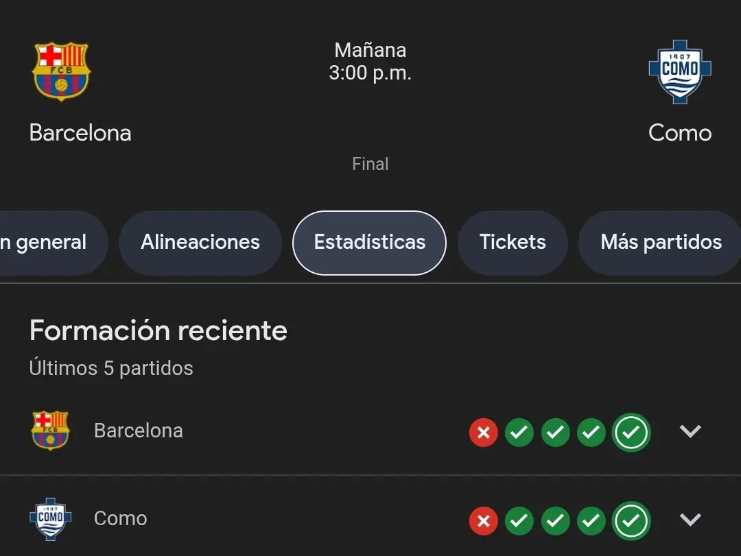 Mañana a las 3:00 p.m., el FC Barcelona se mide al Como 1907 en un duelo que promete chispa. Ambos llegan encendidos: Barcelona: 4 victorias en sus últimos 5 partidos ✅✅✅✅❌ Como: también con 4 victorias recientes ✅✅✅✅❌ 📊 En números, llegan parejos, pero la presión está sobre el Barça por jugar en casa y ser el favorito histórico. Como, por su parte, quiere dar el golpe y demostrar que no llegó aquí por casualidad. 💭 Pregunta para la afición: ¿Será otra tarde de magia culé o veremos la sorpresa italiana? 👀