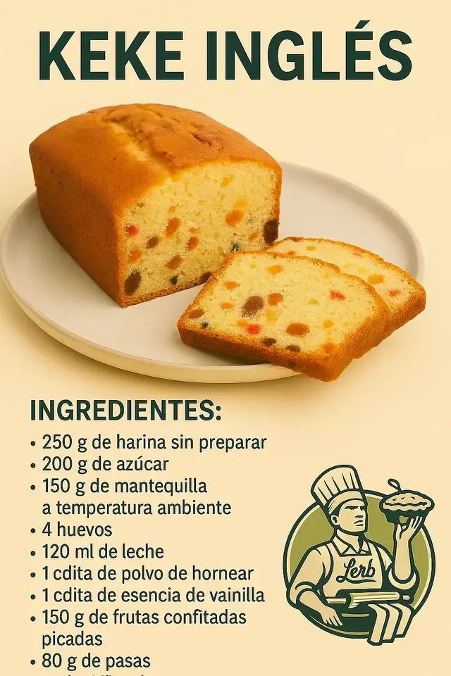 ✅ Ingredientes: 250 g de harina sin preparar 200 g de azúcar 150 g de mantequilla a temperatura ambiente 4 huevos 120 ml de leche 1 cdita de polvo de hornear 1 cdita de esencia de vainilla 150 g de frutas confitadas picadas 80 g de pasas 1 pizca de sal 👨‍🍳 Preparación paso a paso: Precalienta el horno a 180 °C y engrasa un molde para keke. Bate la mantequilla con el azúcar hasta obtener una mezcla cremosa. Agrega los huevos uno a uno, batiendo después de cada adición. Incorpora la esencia de vainilla. Tamiza la harina con el polvo de hornear y la sal. Añade la harina alternando con la leche, mezclando suavemente. Agrega las frutas confitadas y las pasas previamente enharinadas (para que no se hundan). Vierte la mezcla en el molde y hornea por 45–50 minutos o hasta que al insertar un palillo salga limpio. Deja enfriar antes de desmoldar y servir. #KekeInglés #RecetasCaseras #AprendiendoConLerb #PostresFáciles #CocinaTradicional