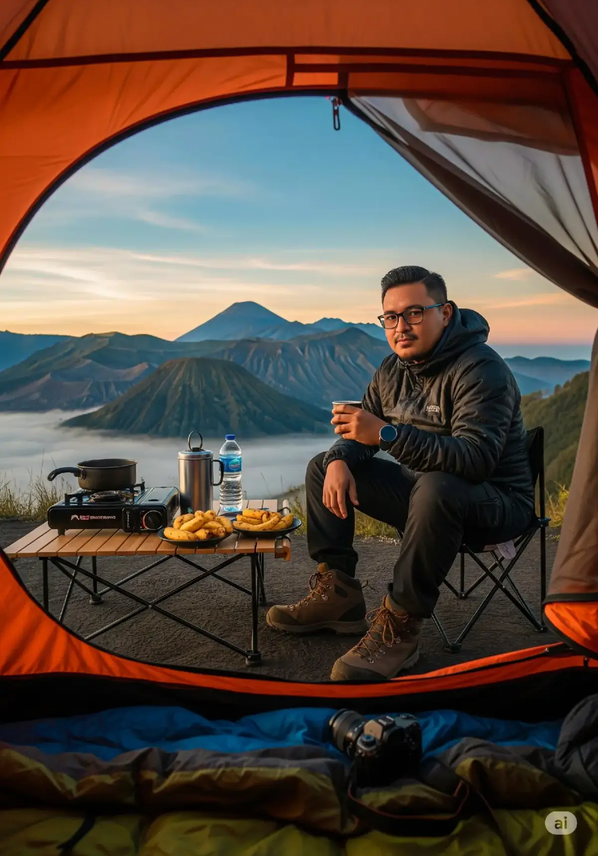 Buatkan gambar dengan konsep:  • Pemandangan dari dalam tenda terbuka yang berwarna oranye, menampilkan seorang pria sedang duduk sambil ngopi, latar gunung bromo. • Detail karakter pria Indonesia usia 30-an, berbadan chubby dan atletis, gaya rambut pendek disisir ke samping, kumis dan jenggot tipis.  • Mengenakan jaket coklat tebal, kaos putih, celana kargo pendek warna coklat, sepatu gunung, kacamata dan smartwatch.  • Duduk santai di kursi lipat sambil memegang cangkir kopi. Di depannya ada kompor portable, nesting, botol air, dan pisang goreng yang diletakan diatas meja lipat. • Suasana pagi hari saat matahari terbit, langit gradasi jingga-biru, awan tipis berserakan. Samudra awan nampak di kejauhan. • Bagian dalam tenda sedikit buram di tepi gambar, memberikan efek framing alami terhadap lanskap luar. Beberapa peralatan camping seperti sleeping bag, jaket, dan kamera mirrorless tampak di bagian bawah gambar. • Gaya gambar ultra-realistik dengan detail tinggi. Pencahayaan soft dan sinematik. Aspek rasio 3:4 #AI #gemini #editfoto #fyp #prompt 