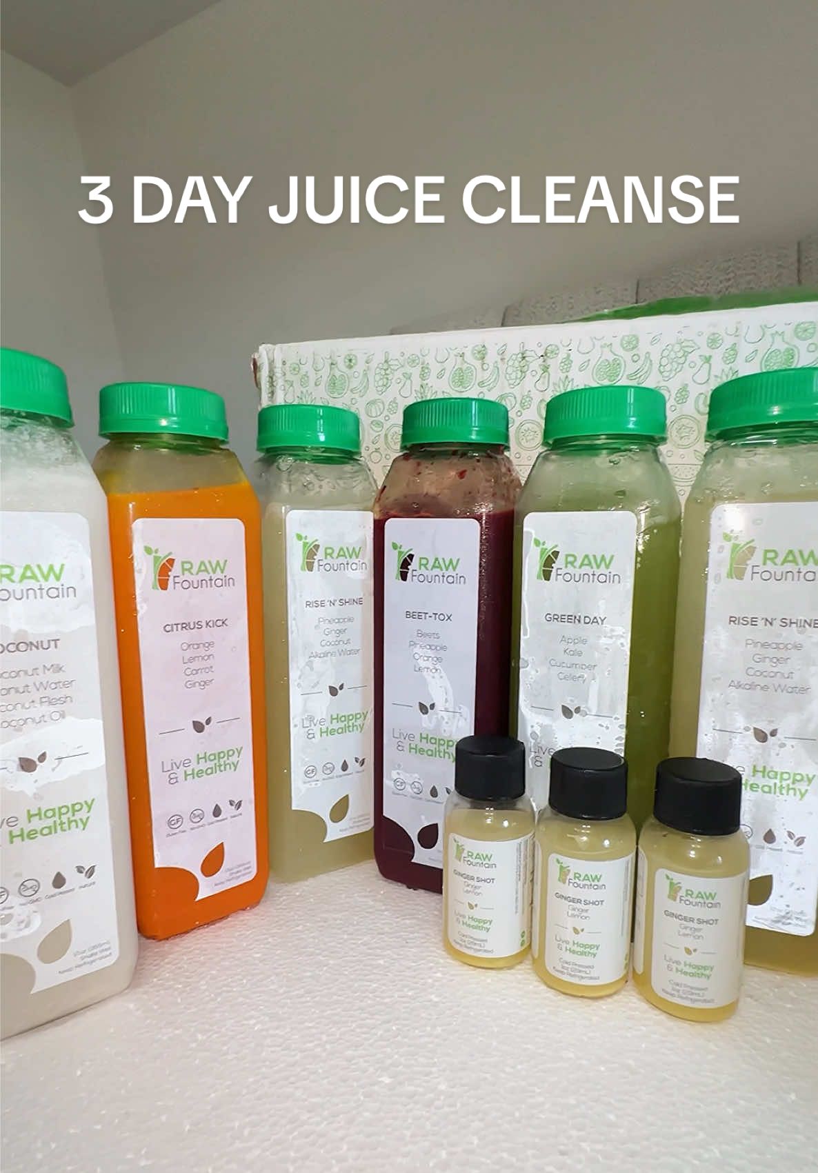 3-Day Juice Cleanse with 18 bottles of pure, cold pressed, natural juices & 3 ginger shots from Raw Fountain 🌿✨ Fresh, raw and packed with nutrients to reset, hydrate, de-bloat, and energized in just 3 days #juicecleanse #3dayjuicecleanse #juicecleansedetox #coldpressedjuice #detoxcleanse #healthylifestyle #juicing 