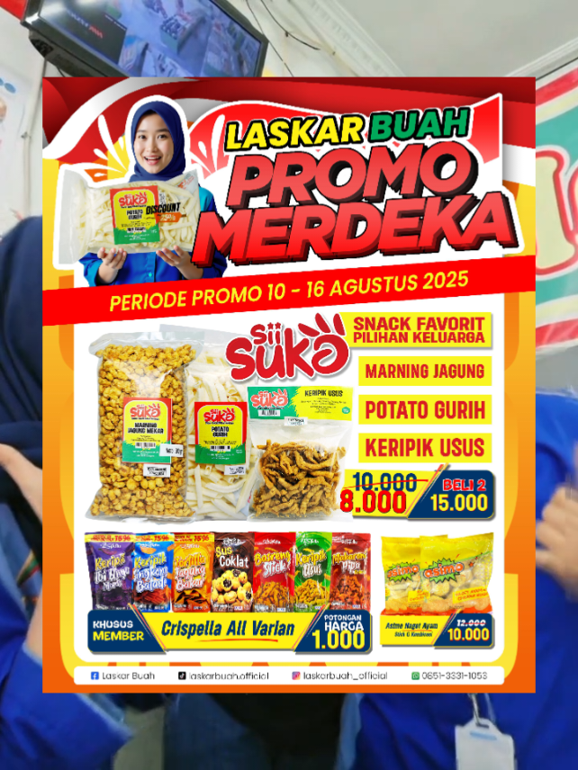 🇮🇩🎉 *PROMO MERDEKA*🎉🇮🇩 *ngeMil Renyah DEngan crispella & sii suKA* 😋✨ Hallo teman-teman  laskar buah Rayakan Kemeriahan Kemerdekaan bersama Sii Suka Snack Pilihan Keluarga 🍿 Marning Jagung • Potato Gurih • Keripik Usus     💥 Dari harga Rp 10.000 jadi *Rp 8.000/pcs*     ✨ *Beli 2 cuma Rp15.000*  📍Crispella All Varian *Khusus Member*     💸 Potongan *Rp1.000/pcs* 🍗 Asimo Nugget Ayam Stick & Kombinasi     💥 Dari harga Rp12.000 jadi *Rp10.000/pcs* 📅 *Periode 10 – 16 Agustus 2025* 🛒 Yuk serbu *Laskar Buah sekarang ! Toko Buah Paling Murah* ! #promomakanmerdeka #purwodadihits #fypage #masukberanda #laskarbuahindonesia #fyp #laskarbuahgetasrejo 