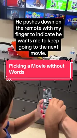 If he walks away it means I got it right! LOL Yes he has an AAC and I tried printing all his movies and laminating them as PECs he can hand me but he prefers communicating what he wants this way. He used to not do this, he used to stand next to me and just cry with frustration as I picked each movie one by one bc be wasnt sure how to show/tell me. I tried teaching him how to use the remote himself but it was too hard for him (dyspraxia) so he began doing it this way with my hand. I am proud of him😊❤️ #autism #nonspeaking #nonverbalcommunication #autistic #neurodivergent 