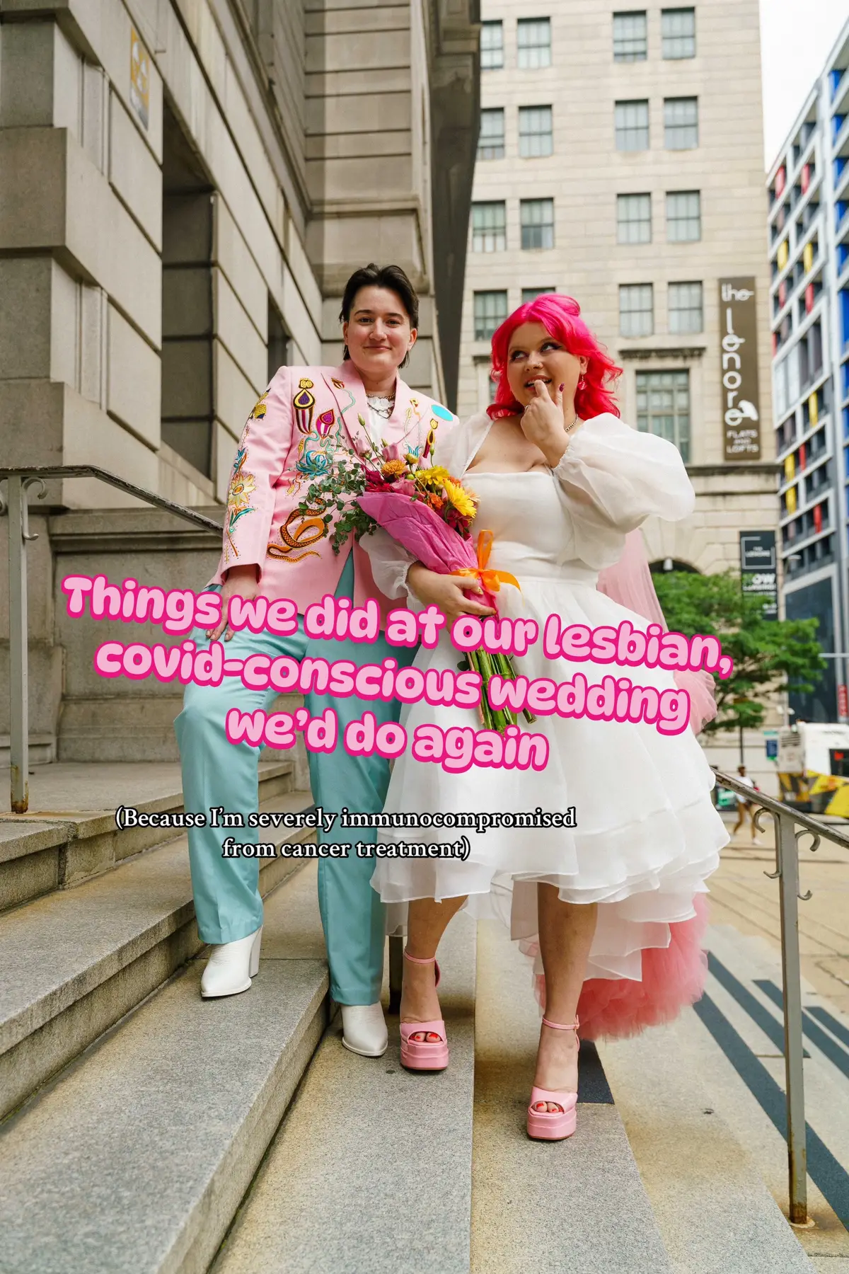 Our special day was a love letter to Baltimore and the community that surrounds us. Local vendors, infectious disease precautions, lots of pinks, and the people we love. It wasn’t a “traditional” wedding but it was perfect for us 🫶 #wedding #lesbianwedding #elopement #lgbtwedding #disability #covidconscious #accessibility #wlw #cancer #cancerfighter #marriage #queer #disabledbride #disabled #chronicillness #baltimore #charmcity #lesbian 