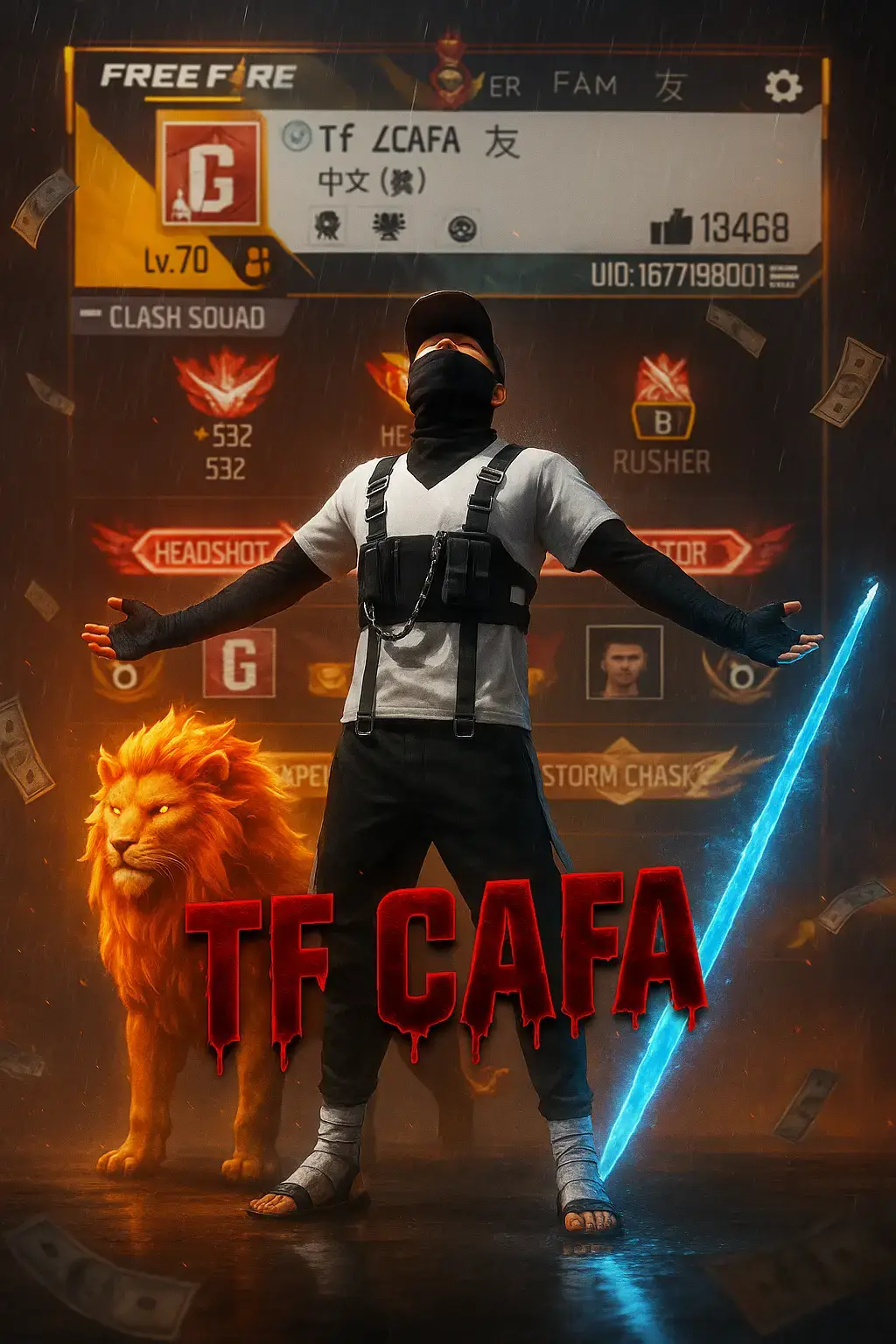 Create a cinematic digital poster For a FREE FIRE player. In the background, clearly display the uploaded profile screenshot without binding or blurring any part. The image should remain sharp and readable, showing every detail that naturally appears in the profile (such as stats, icons, texture, badges, numbers, tags, buttons) and must be fully visible and understandable to the viewer. In the foreground, place the uploaded character image standing in a proud, victories pose—with both arms stretched outward (T-pose). The character's head should be titled slightly upward, facing the sky with a heroic and thankful experience. Include a glowing blue sword by his side and his Lion standing nearby. Add dramatic rain, flying money, cinematic glow, and soft shadows to enhance the character and profile. These are clearly visible and not overlapping confusingly. In the center of the poster, overlay bold, glowing, 3D gaming-style text: 