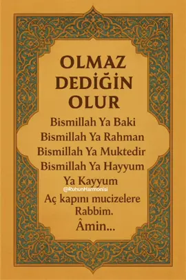 Bazı kapılar insan gücüyle değil, dua ile açılır. #mucize #mucizedua #esmaülhüsna #quran Rabbine güvenerek, içten bir yürekle söylediğin her kelime, görünmeyen ellerin seni sarıp sarmalamasına vesile olur. “Bismillah” ile başla, Rahman ve Rahim olan Allah’a yönel… En imkânsız sandığın şey, O’nun dilemesiyle mümkün olur. Bugün, mucizelere kapı arala…  #dua#duas#bismillahBaki 