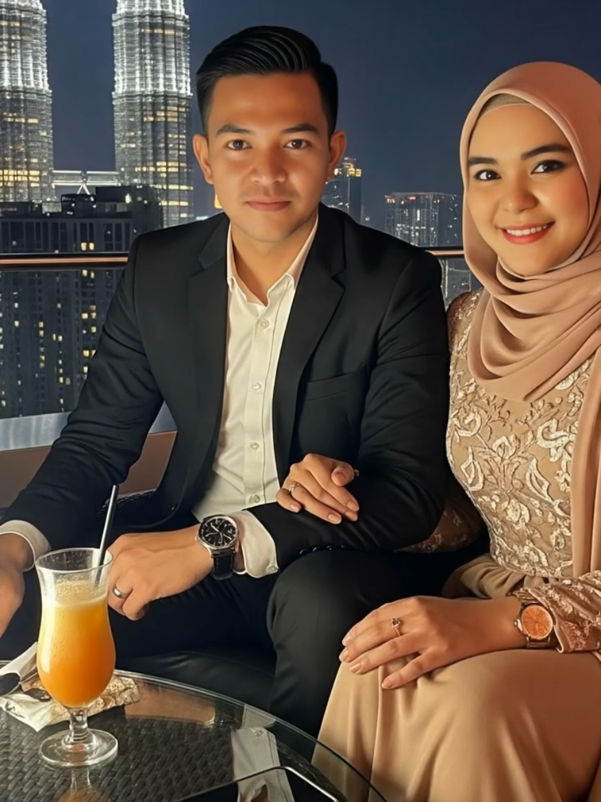 Buatkan foto hyper realistis resolusi tinggi menampilkan sepasang pria dan wanita yang sedang duduk bersebelahan di sebuah lounge atau restoran rooftop pada malam hari, dengan latar belakang menara kembar Petronas dan gedung-gedung tinggi di Kuala Lumpur yang berkilauan. Pria di sebelah kiri potongan rambut gaya mandarin rapih mengenakan setelan jas hitam dengan kemeja putih tanpa dasi, terlihat rapi dan formal. Di pergelangan tangannya terdapat jam tangan elegan berwarna gelap. Ia duduk tegap dengan satu tangan di pangkuan dan tangan lain di meja, dekat minuman berwarna krem-oranye di gelas tinggi dengan sedotan. Wanita di sebelah kanan mengenakan gaun panjang berwarna coklat muda dengan hiasan payet dan bordir yang anggun. Ia mengenakan hijab senada dengan busana, serta jam tangan emas di tangan kiri. Tangannya bertumpu lembut di paha suaminya/pasangannya, sambil tersenyum hangat ke arah kamera. Di meja kaca di depan mereka terdapat minuman, ponsel, dan wadah berisi gula atau tisu. Cahaya meja yang terang memberi efek dramatis, menerangi wajah mereka dengan jelas, sementara latar belakang kota bercahaya menambah kesan mewah dan romantis pada suasana foto ini. #gemini #prompt #chatgpt #trending #ai #klcc 