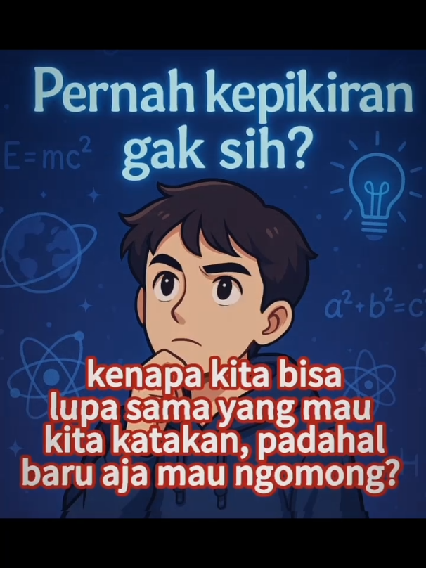 > Pernah gak sih… kamu mau ngomong sesuatu, udah siap banget di kepala, bahkan udah tau urutan katanya, tapi pas buka mulut… “Ehh… barusan gue mau ngomong apa ya? 🤔” Ternyata ini kejadian karena otak kita lagi ngalamin yang namanya transient memory lapse, atau gangguan memori sementara. Di dalam otak, ada yang namanya memori kerja—semacam papan tulis kecil tempat kita nyimpen informasi yang mau dipakai sebentar lagi. Nah, kalau tiba-tiba ada gangguan, kayak suara orang lain, notifikasi HP, atau pikiran random, papan tulis ini bisa “ketimpa” sama informasi baru. Akibatnya, kata-kata yang tadi udah siap langsung hilang begitu aja. Yang ngeselin, kata-kata itu biasanya baru kepikiran lagi beberapa menit kemudian… pas udah nggak relevan sama obrolannya. 😅 Jadi, kalau kejadian sama kamu, tenang aja… itu normal, dan hampir semua orang pernah ngalamin. --- #fyp #pernahkepikirangaksi #faktaunik #psikologi #ilmiah #fakta #otakmanusia #lupakata #funfact #belajarseru #sainsseru #pengetahuanumum #tahukahkamu #fypdong