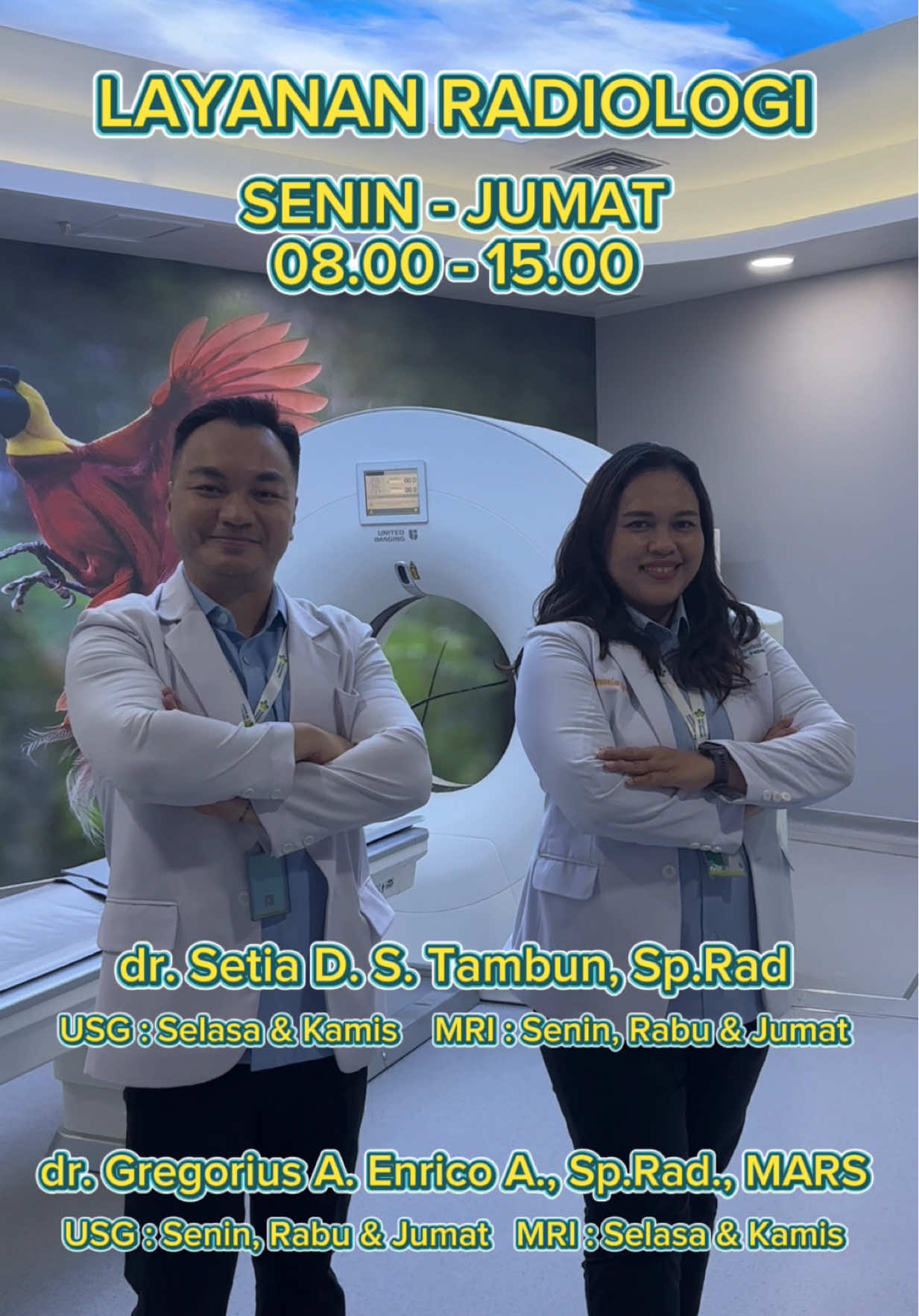 📢JADWAL PRAKTIK LAYANAN USG RADIOLOGI RSUP JAYAPURA 🩺 Dokter Praktik: • dr. Setia Dewi Sartika Tambun, Sp.Rad (USG : Selasa & Kamis, MRI : Senin, Rabu & Jumat) • ⁠dr. Gregorius A. Enrico A., Sp.Rad., MARS (USG : Senin, Rabu & Jumat, MRI : Selasa & Kamis) 📅 Jadwal pelayanan: Senin s.d. Jumat 🕗 Pukul 08.00 – 15.00 WIT 🔔 Catatan penting: Untuk sementara waktu, RSUP Jayapura belum bekerja sama dengan BPJS Kesehatan maupun asuransi kesehatan lainnya. Seluruh biaya pelayanan bersifat mandiri/pribadi (non-asuransi). Informasi lebih lanjut dapat diperoleh langsung di lokasi atau melalui media sosial resmi RSUP Jayapura. #RSUPJayapura #CareForLifeCareWithLove #SehatPapuakuSehatIndonesiaku #LayananUSGRadiologi 