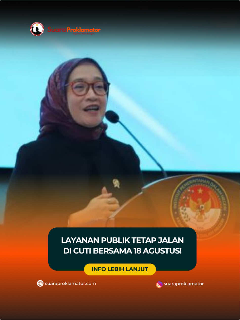 Layanan Publik Tetap Jalan di Cuti Bersama 18 Agustus! Meskipun 18 Agustus 2025 ditetapkan sebagai cuti bersama, pelayanan publik esensial akan tetap beroperasi seperti biasa. Hal ini ditegaskan oleh Menteri PANRB sebagai bentuk komitmen pemerintah untuk memastikan kebutuhan masyarakat tetap terpenuhi tanpa hambatan. Cuti bersama tidak boleh mengganggu pelayanan vital bagi masyarakat. Pemerintah memastikan unit dan lembaga yang melayani langsung masyarakat akan menyesuaikan penugasan pegawai agar semua tetap berjalan lancar. Jadi, masyarakat tidak perlu khawatir. Di tanggal tersebut, layanan penting akan tetap siap membantu Anda! Reporter : Silviah Arodatun N Videon Editor : Silviah Arodatun N #18agustus2025 #pelayananpublik #cutibersama #beritaterkini #suaraproklamator