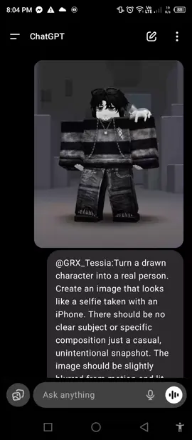 Turn a drawn character into a real person. Create an image that looks like a selfie taken with an iPhone. There should be no clear subject or specific composition just a casual, unintentional snapshot. The image should be slightly blurred from motion and lit evenly by streetlights. The aspect ratio should be 9:16. It must not look Al-generated, but rather like it was taken by a real person. #fyp #foryoupage #trending #viral #fypviralシ #xybca #roblox #robloxavatar #chatgpt 
