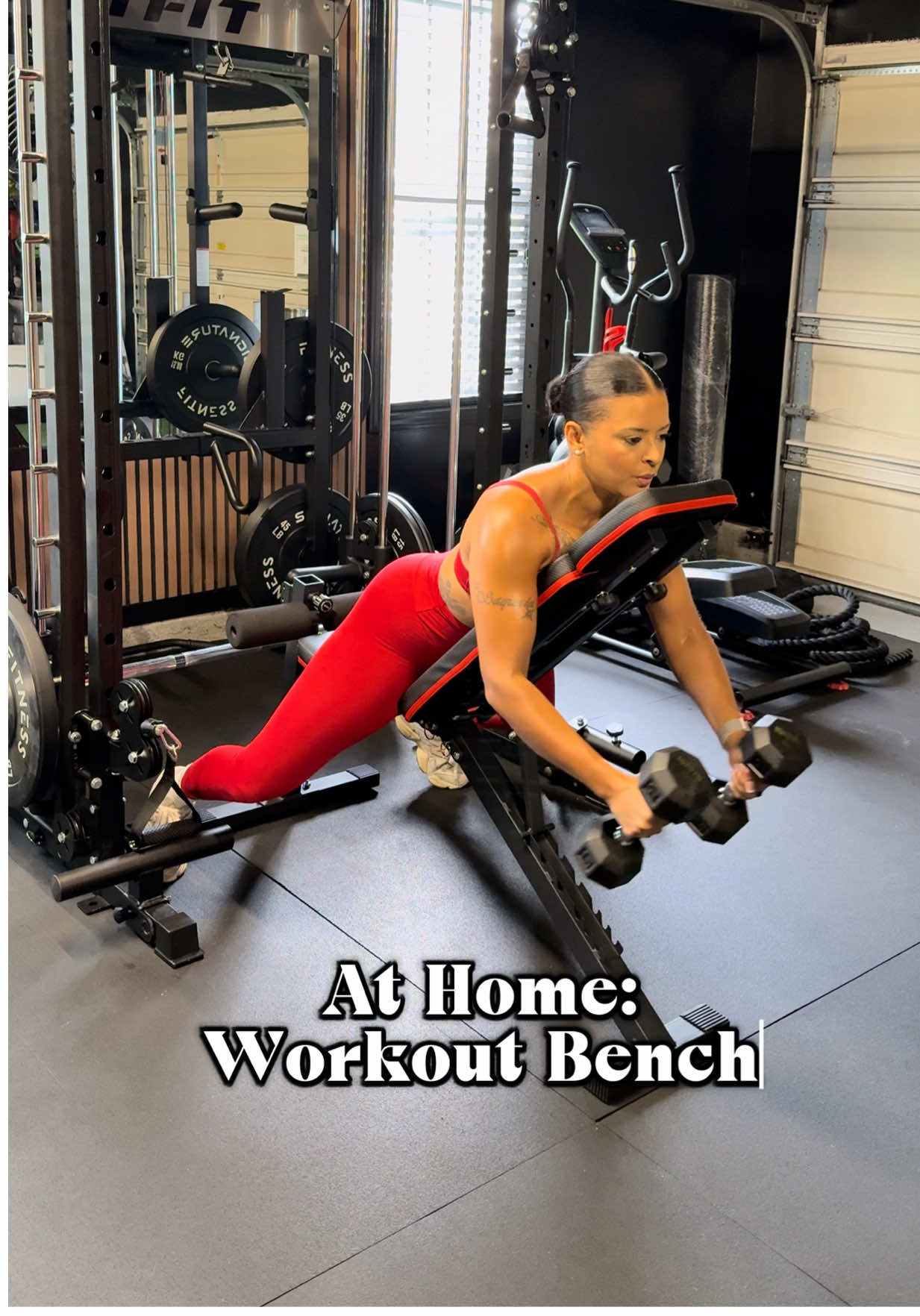 This bench also folds up for easy storage!!  The only bench you need for your at home workouts! I LOVE it! #athomeworkout #athomegym #Fitness #fyp 