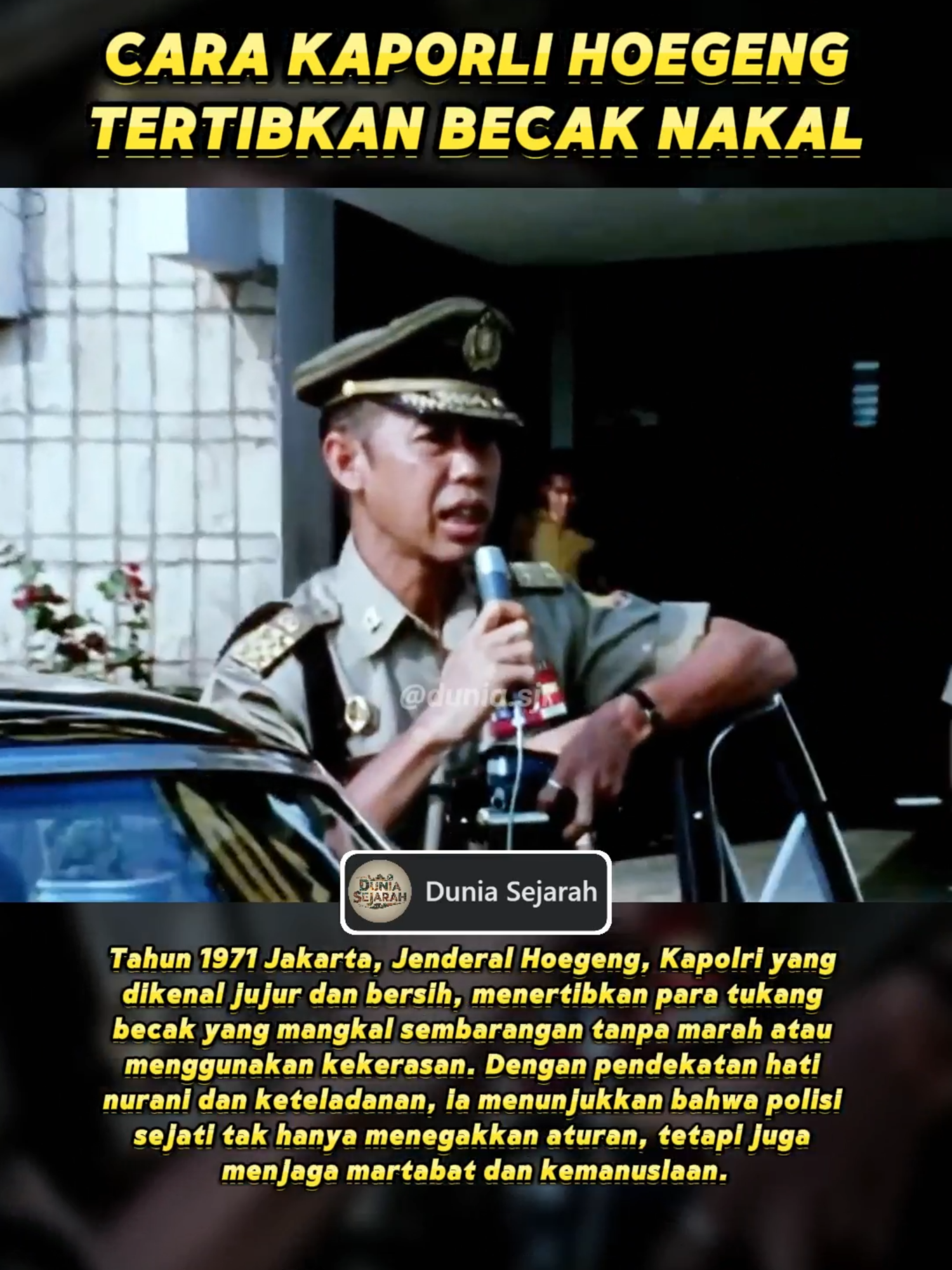 Jakarta 1971, Jenderal Hoegeng menertibkan tukang becak yang mangkal sembarangan dengan cara yang santun dan tanpa kekerasan. Sosok Kapolri yang dikenal jujur ini membuktikan bahwa ketegasan bisa berjalan seiring dengan kemanusiaan. #Hoegeng #JakartaJadul #PolisiJujur #SejarahIndonesia
