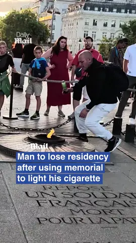 The French government was set to strip the residency permit of a man who lit a cigarette at the Tomb of the Unknown Soldier underneath the Arc de Triomphe in Paris, on August 4, local media said. The man was arrested shortly after he kneeled down to light his cigarette using the eternal flame. France’s Interior Minister Bruno Retailleau condemned the act online, with Le Figaro reporting that the a 47-year-old Moroccan man seen in the video was set to be stripped of his residency Read more at DailyMail.com #france #war #memorial #europe  