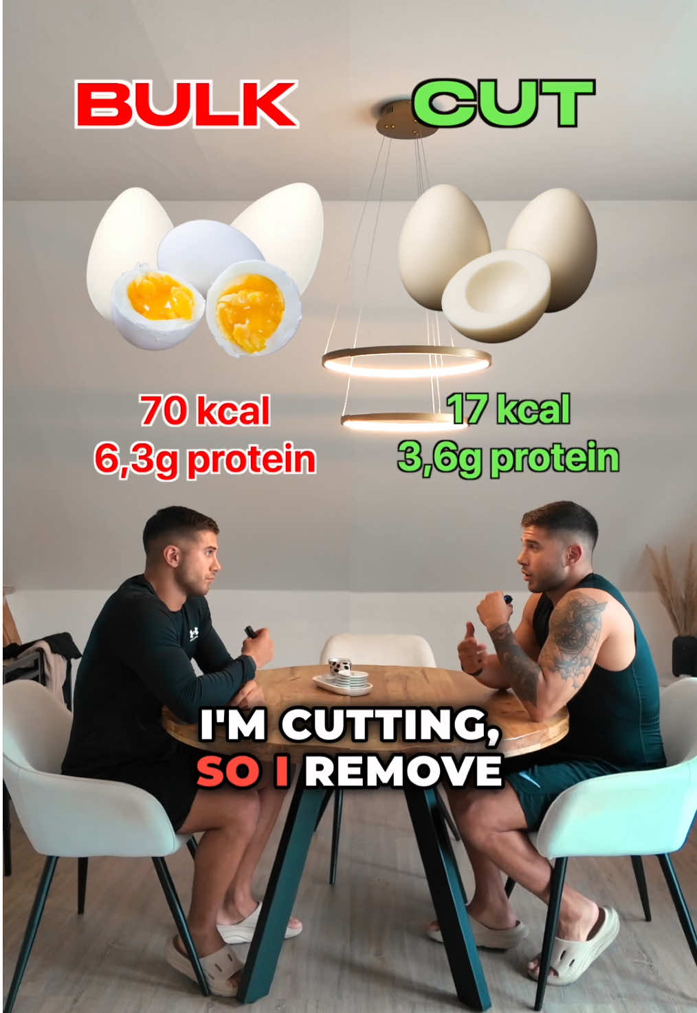 Bulking or cutting = it’s not about changing everything. It’s about understanding your food and adjusting it to your goal. Eggs for breakfast? Keep the yolk when you bulk. Drop it when you cut. Simple. Same meal. Different strategy. Know what you eat - and why. Most importantly: you can basically eat everything, just stay in a caloric deficit or surplus to lose/gain weight. 🤝 Follow me for real nutrition tips, hybrid training & performance-focused eating.