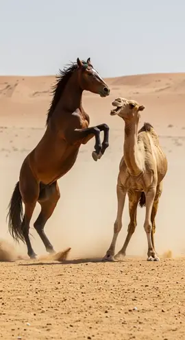 Desert Showdown: Horse vs Camel Ends Unexpectedly #horsevscamel #desertfight #camelbite #horsekick #animalshowdown