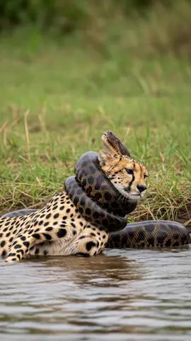 Hunter Becomes the Hunted: Giant Python Ambushes a Cheetah in the Water! #Cheetah #Python #Snake #Anaconda #BigCats #NatureIsMetal #AnimalAttack #Showdown