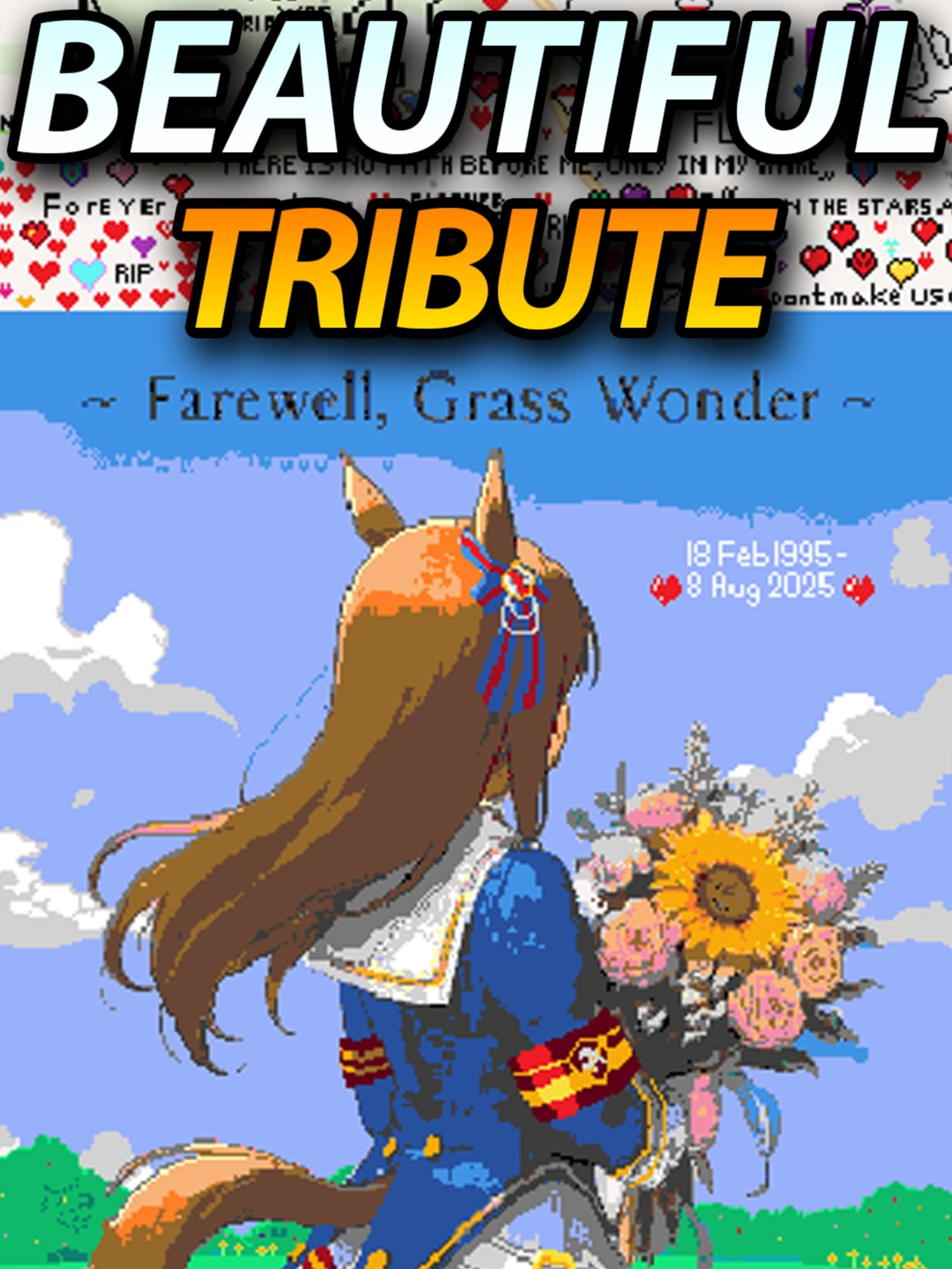 Uma Musume fans made a final tribute to Grass Wonder on WPlace. It started with an AI-generated image as the reference, but once the group found out, they brought in a real artist to capture her true likeness. Now, surrounded by hearts and heartfelt messages, it’s one of the most beautiful tributes on the canvas. #umamusume #grasswonder